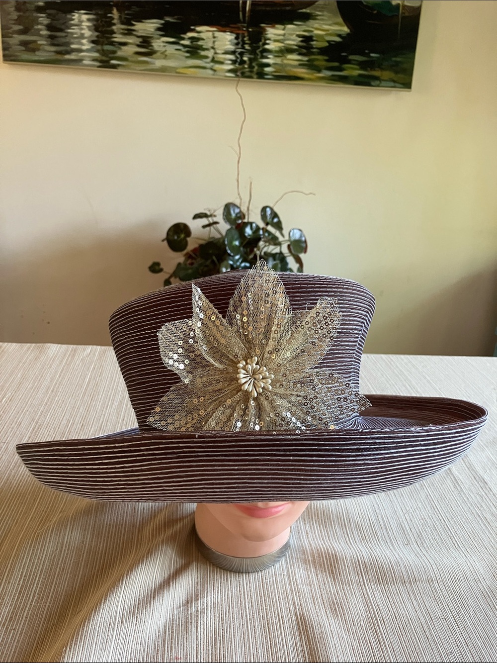 Elegant Brown Women's Wide Brim Flower Accent Hat